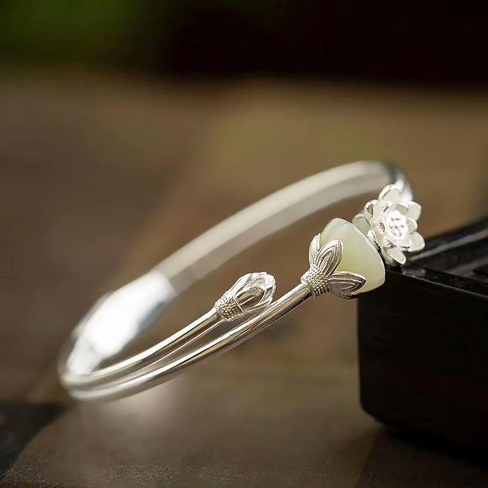 Pure Silver Hetian Jade Lotus Bracelet Adjustable Chinese Jewelry-5