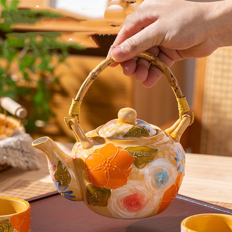 Aesthetic Ceramic Teapot Hand Painted Sunset Orange Underglaze Tea Cup Tea Set-2