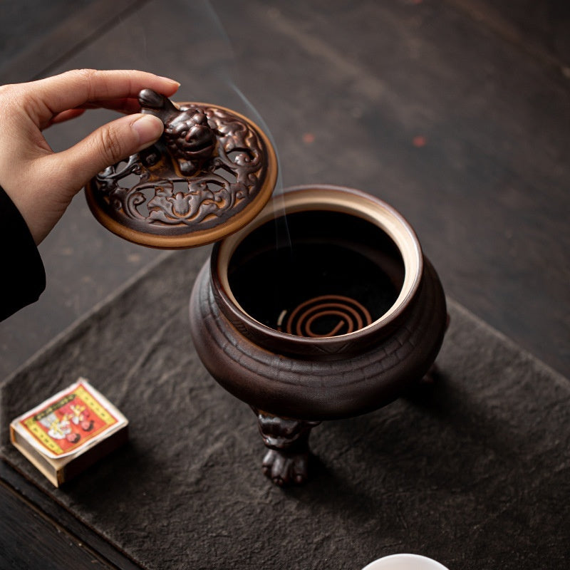 Antique ceramic incense burner with tripod lion base