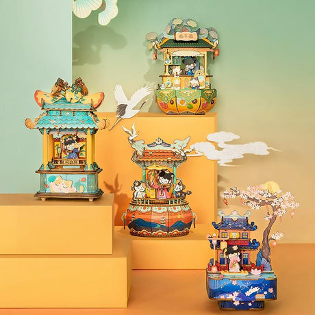 Handmade wooden antique puzzle music box with light