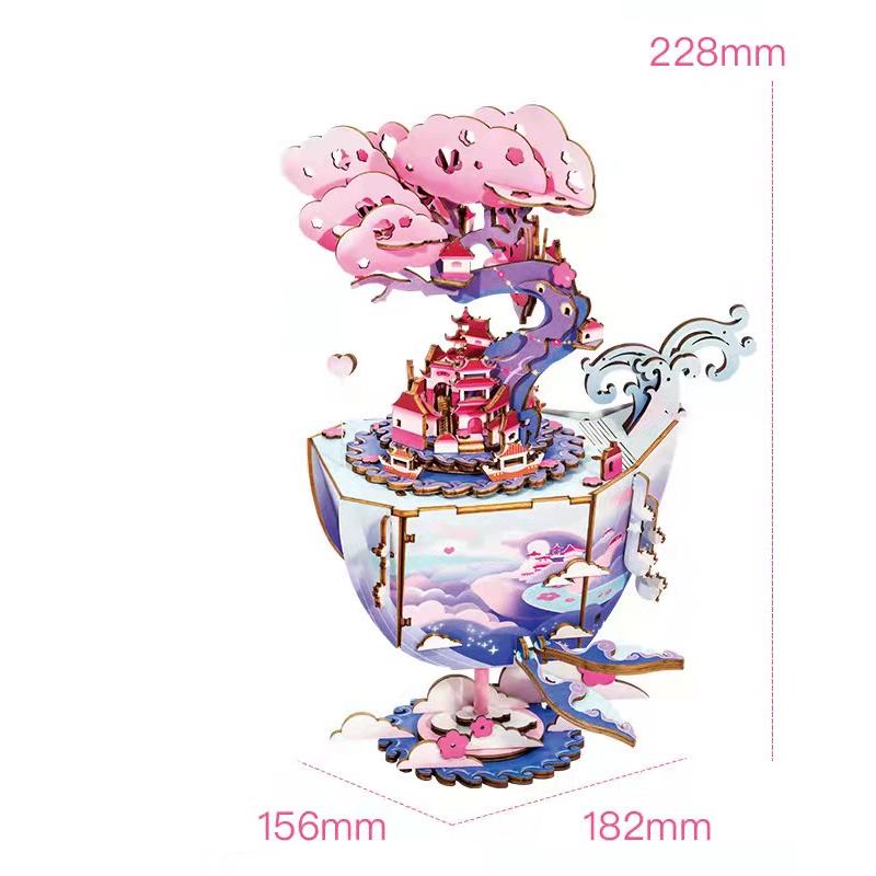 Handmade wooden antique puzzle music box with light