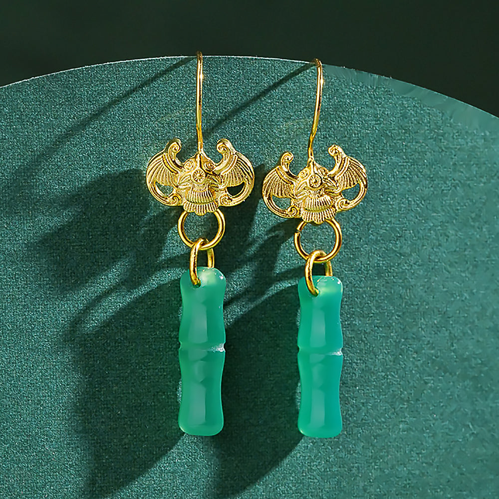 Green Bamboo Agate Earrings Chinese Cultural Jewelry for Women-1