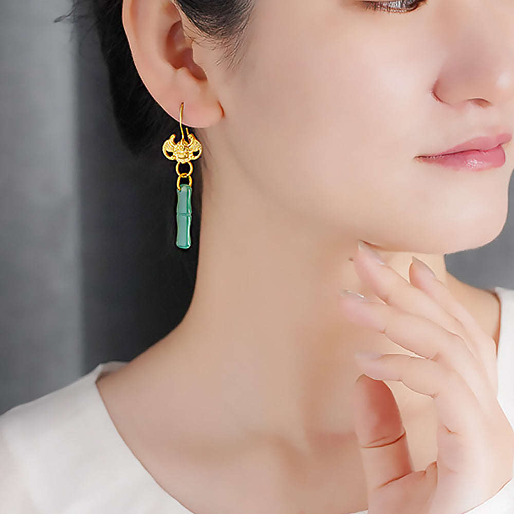 Green Bamboo Agate Earrings Chinese Cultural Jewelry for Women-4