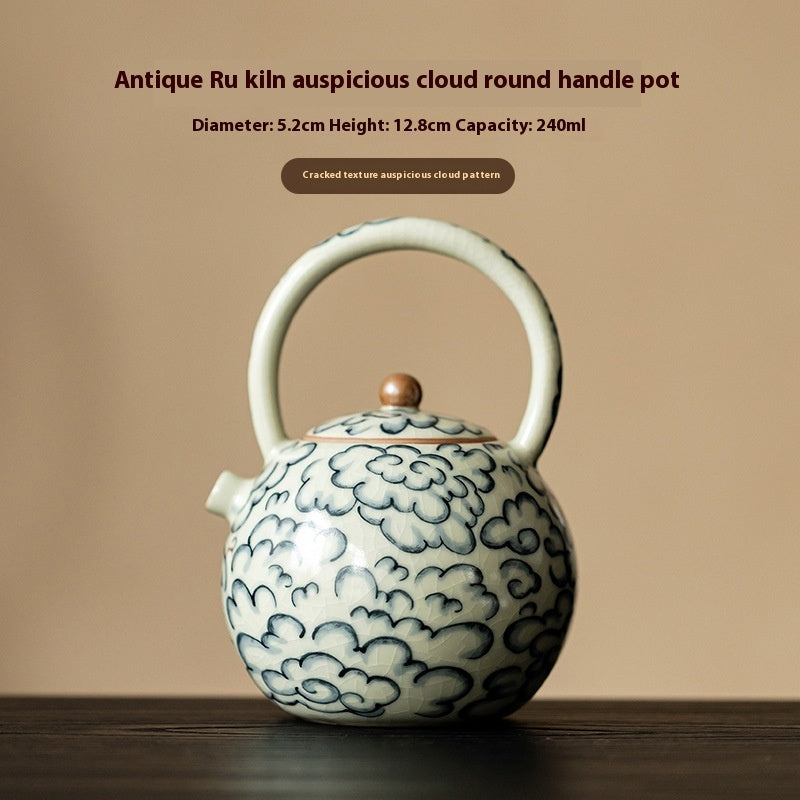 Black Tea Teapot Chinese Ru Porcelain Auspicious Cloud Lifting Beam Teapot-5