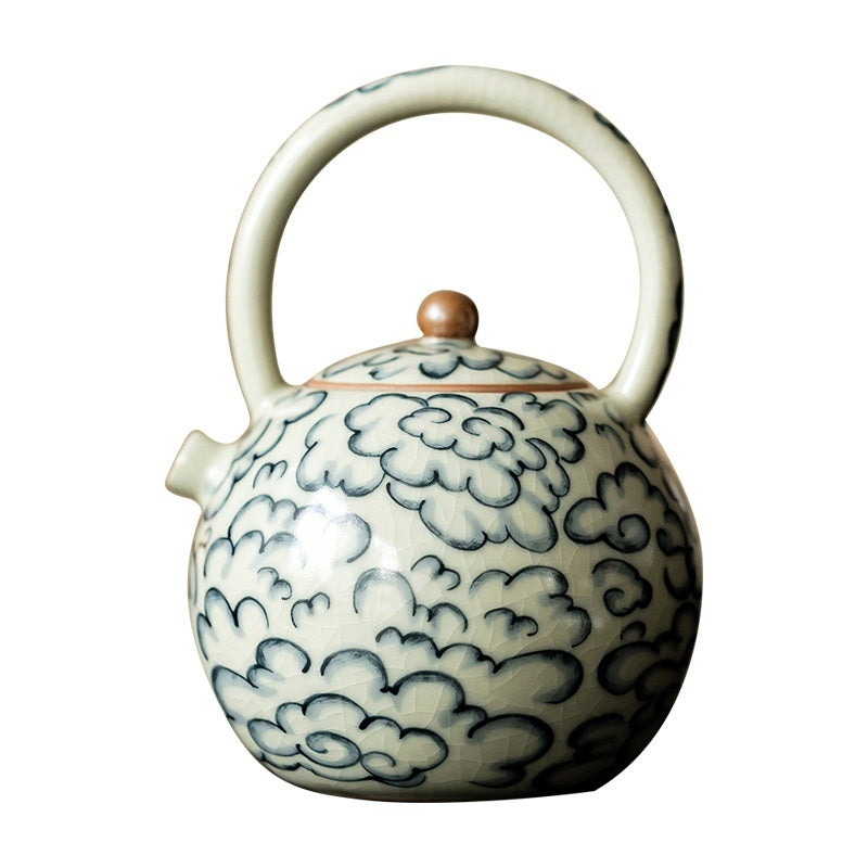 Black Tea Teapot Chinese Ru Porcelain Auspicious Cloud Lifting Beam Teapot-6