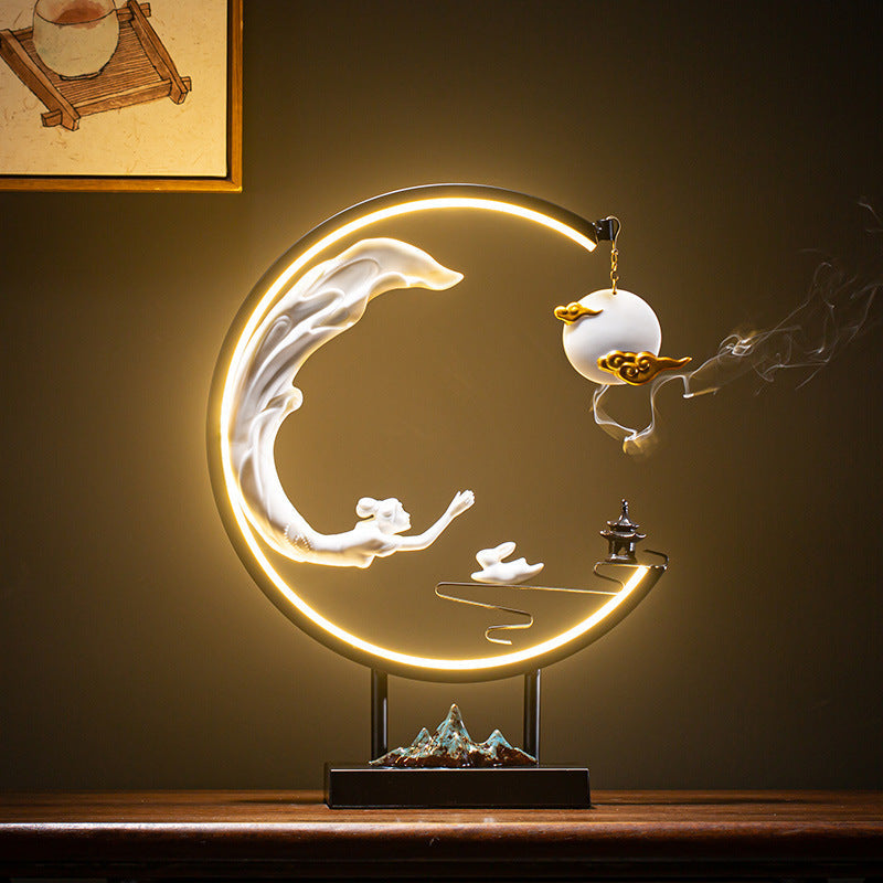 Chang'e Flying to the Moon Ceramic Incense Burner LED Lamp Decoration-2