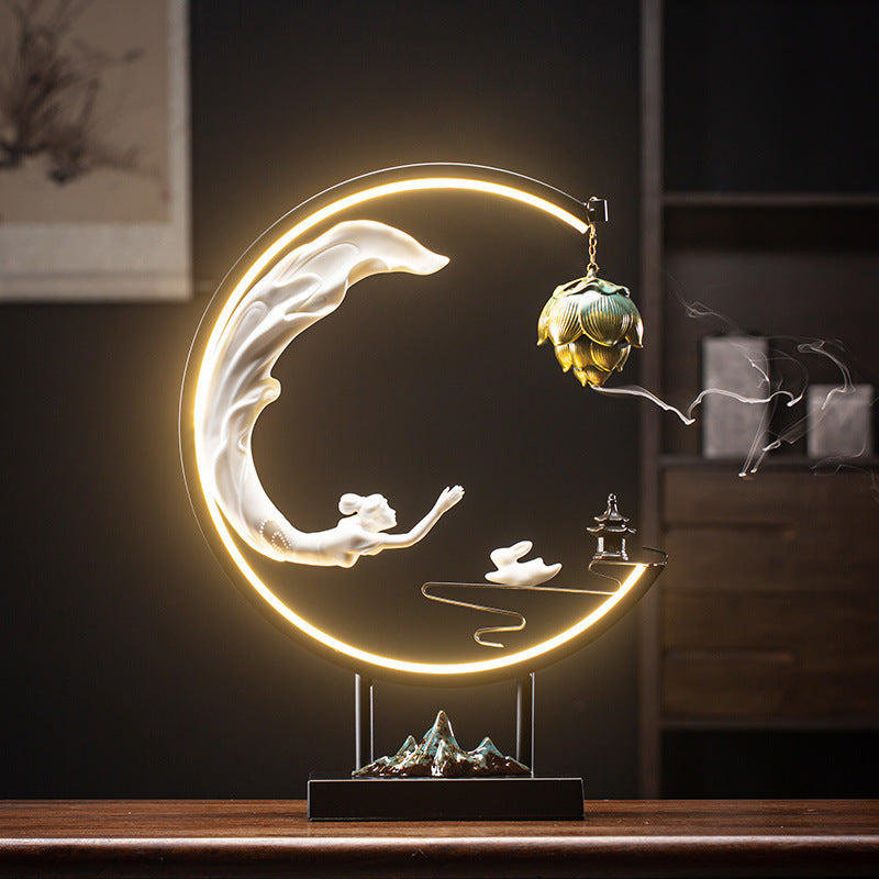 Chang'e Flying to the Moon Ceramic Incense Burner LED Lamp Decoration-3