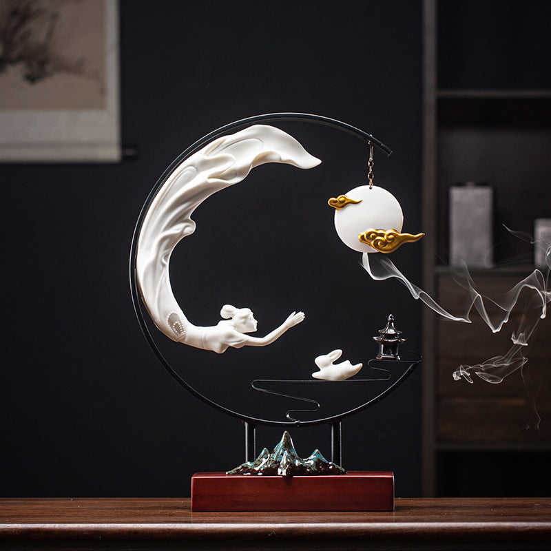 Chang'e Flying to the Moon Ceramic Incense Burner LED Lamp Decoration-5