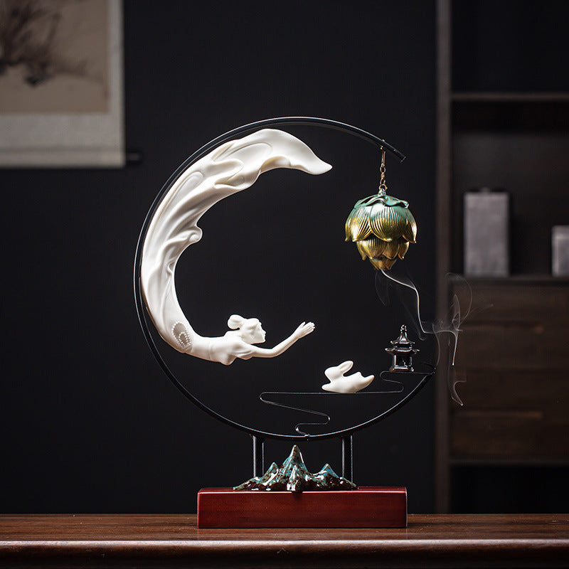 Chang'e Flying to the Moon Ceramic Incense Burner LED Lamp Decoration-6