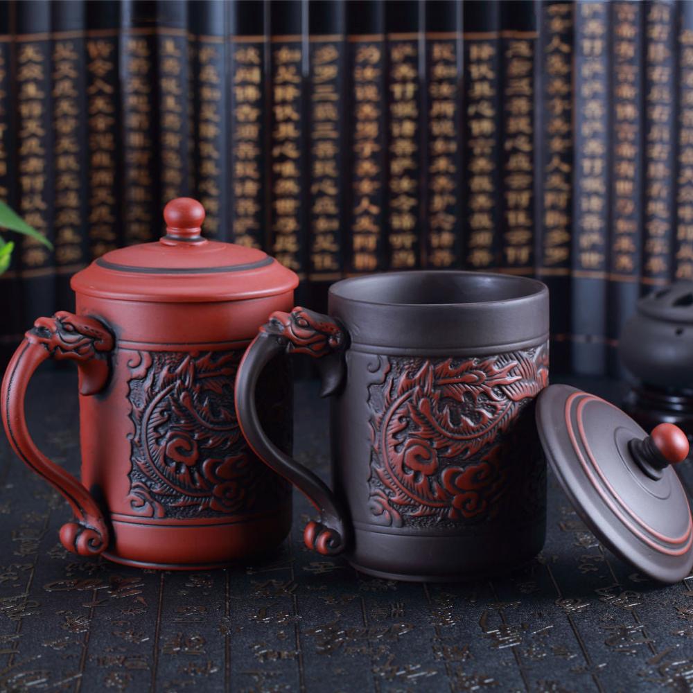 Chinese Embossed Dragon and Phoenix Purple Clay Teacup-1
