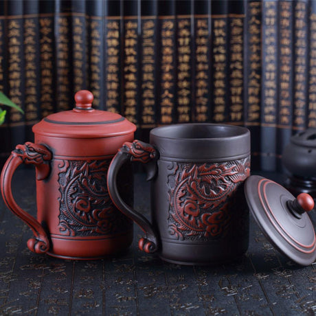 Chinese Embossed Dragon and Phoenix Purple Clay Teacup-1