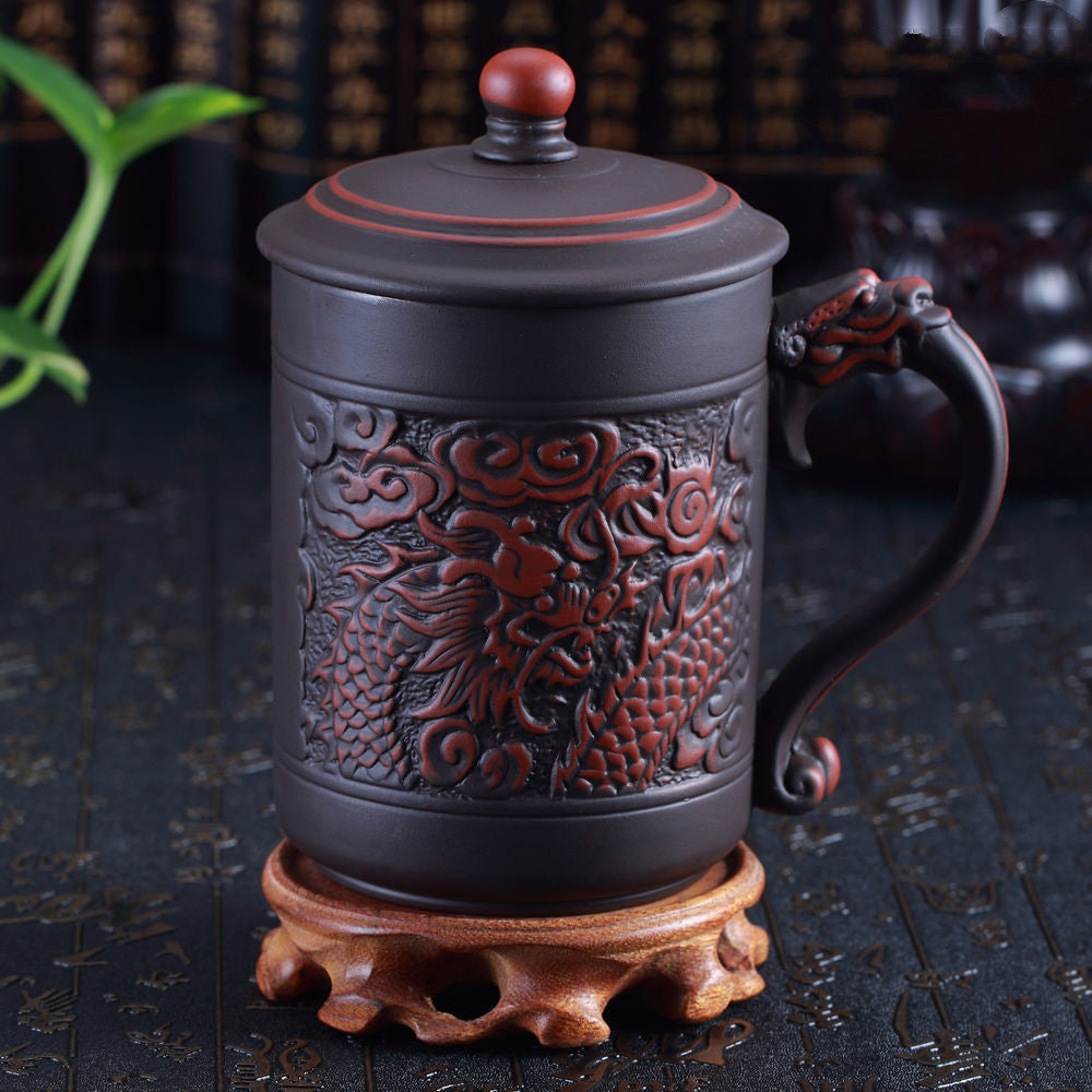 Chinese Embossed Dragon and Phoenix Purple Clay Teacup-2