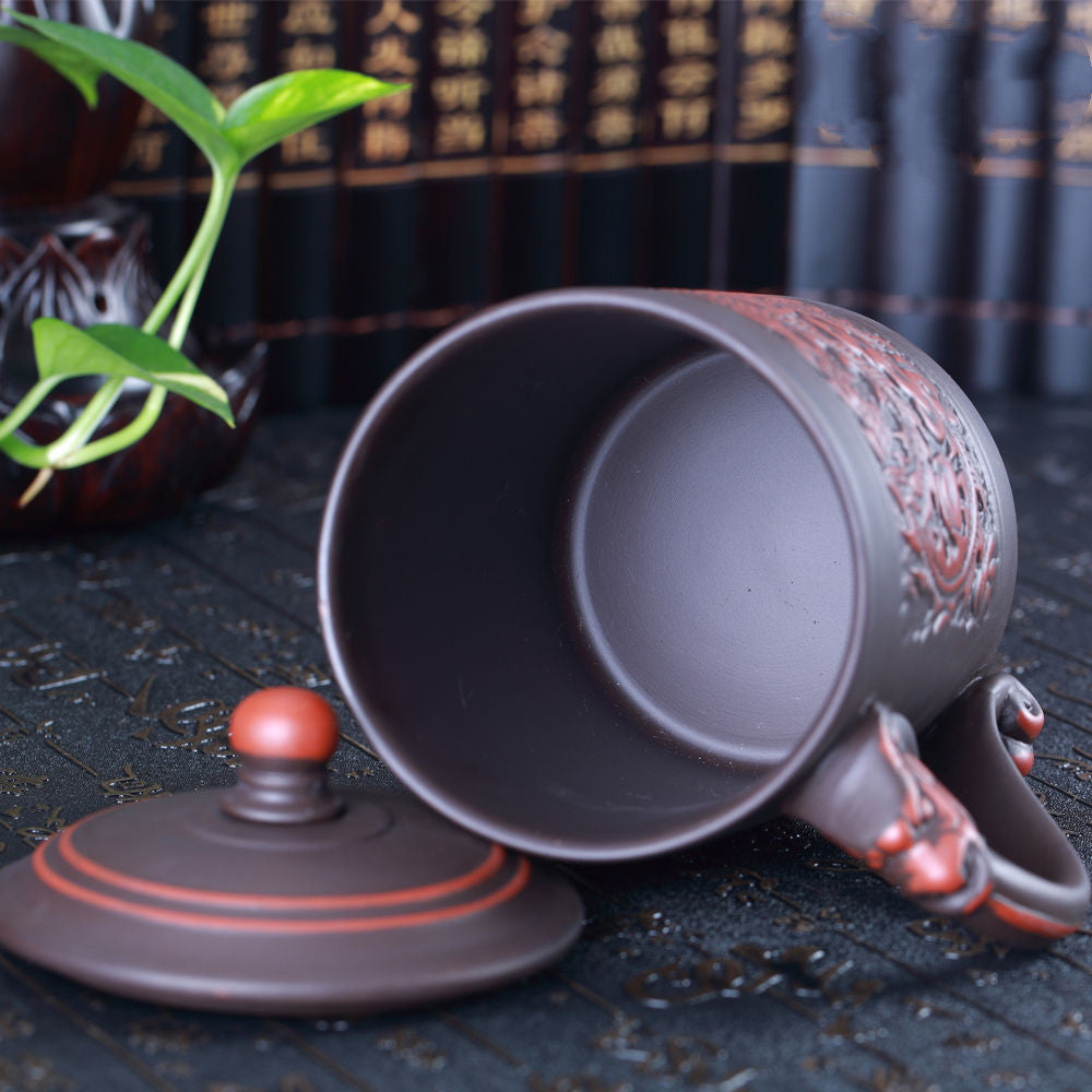 Chinese Embossed Dragon and Phoenix Purple Clay Teacup-3