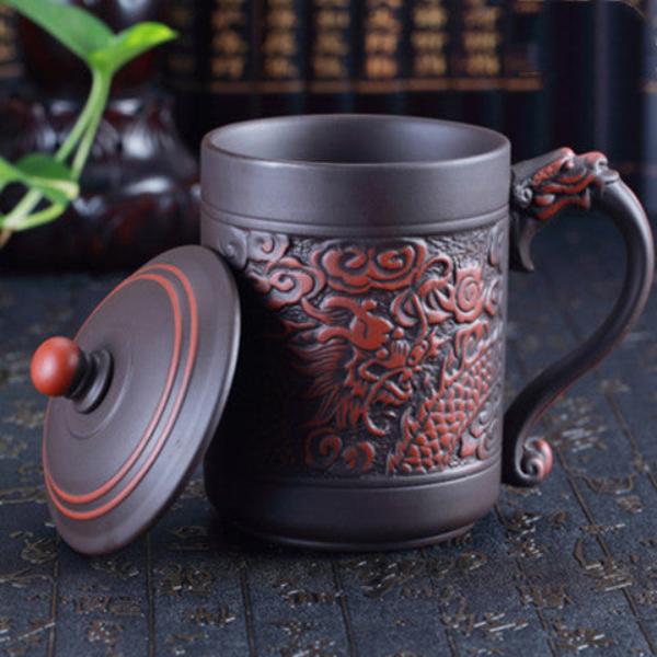 Chinese Embossed Dragon and Phoenix Purple Clay Teacup-4