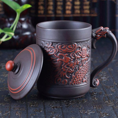 Chinese Embossed Dragon and Phoenix Purple Clay Teacup-4