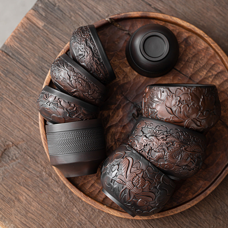 Chinese Embossed Kung Fu Tea Teacup Qingxi Purple Clay Ceramic Cup-2