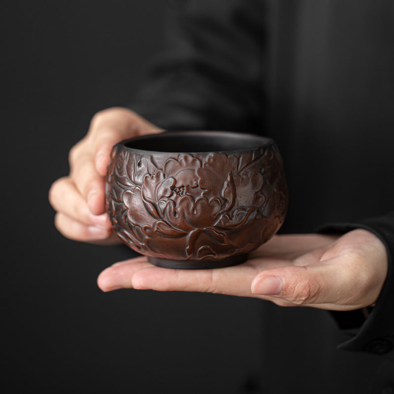 Chinese Embossed Kung Fu Tea Teacup Qingxi Purple Clay Ceramic Cup-3