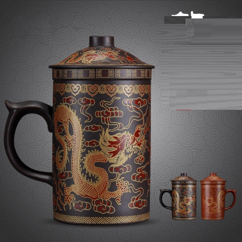 Chinese Style Majestic Dragon Purple Clay Teacup with Tea Strainer-5
