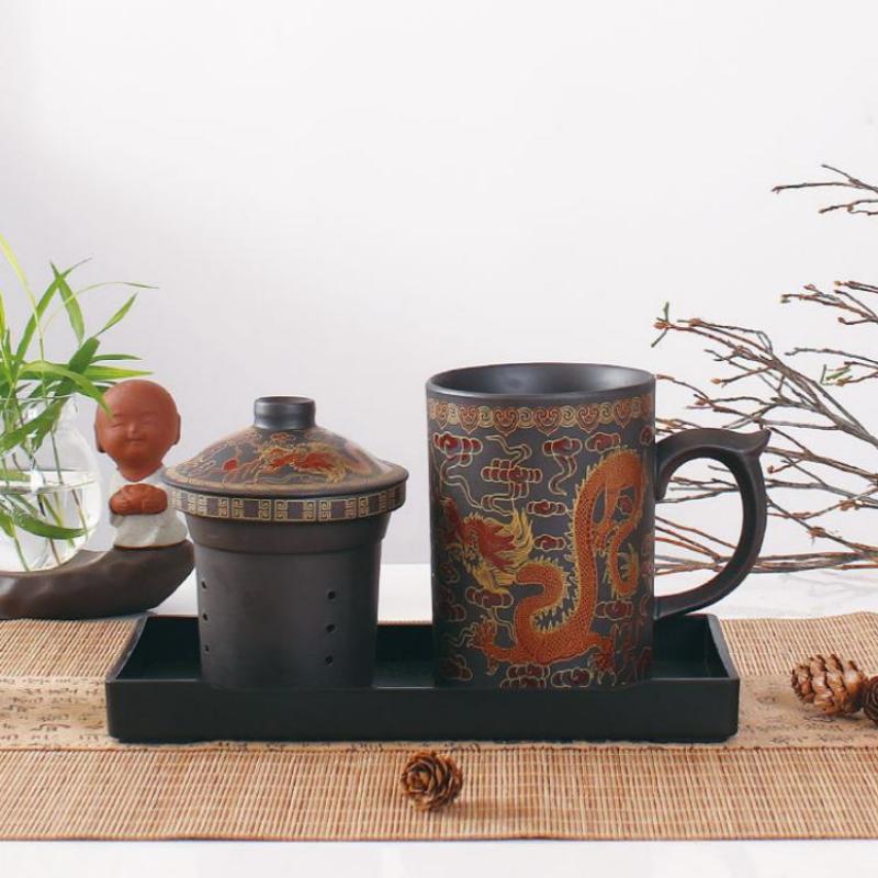 Chinese Style Majestic Dragon Purple Clay Teacup with Tea Strainer-7