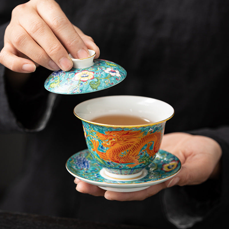 Enamel Cups Ceramic Gaiwan Dragon and Phoenix Tea Cup-1