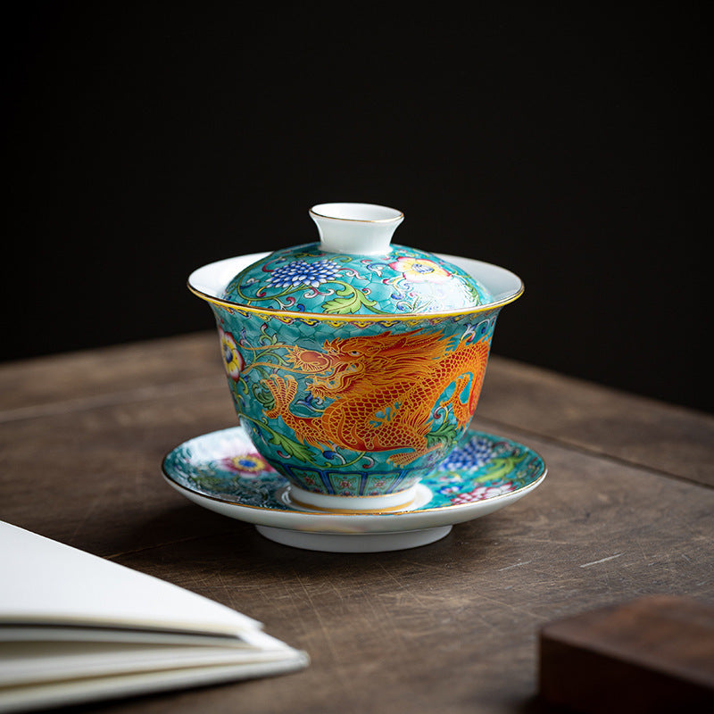 Enamel Cups Ceramic Gaiwan Dragon and Phoenix Tea Cup-3