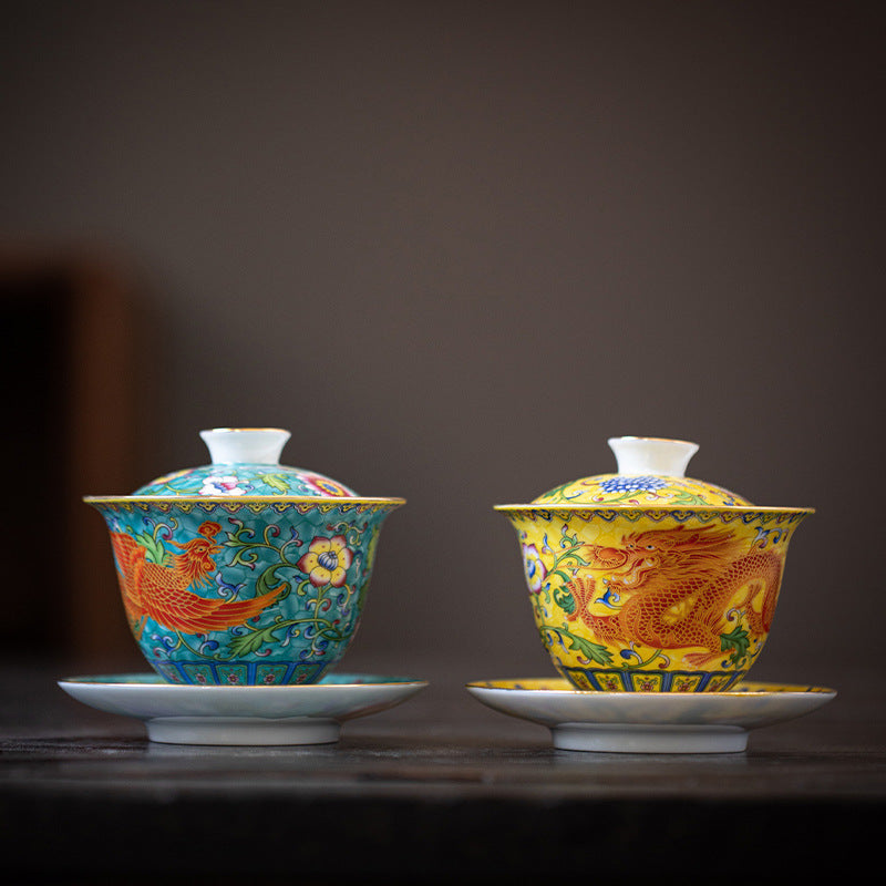 Enamel Cups Ceramic Gaiwan Dragon and Phoenix Tea Cup-4
