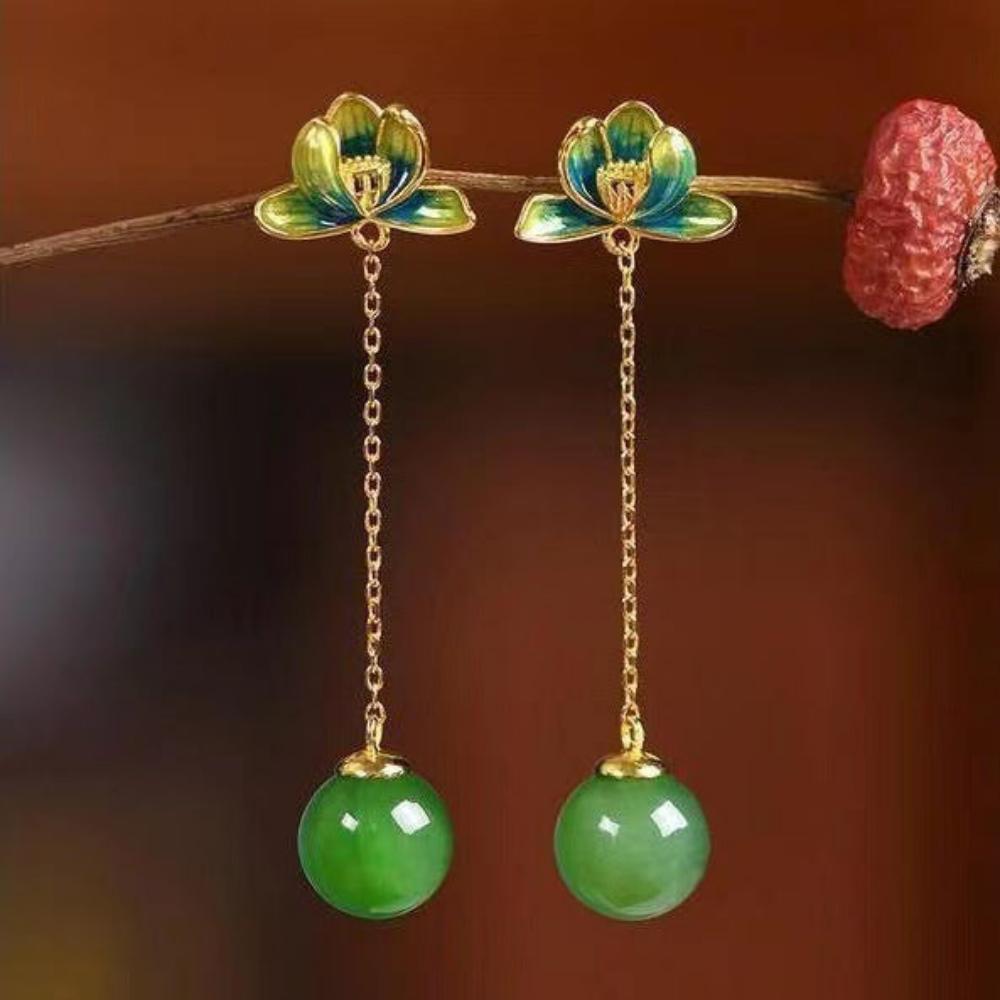 Jasper Lotus Heart New Chinese Style Women Earrings-1