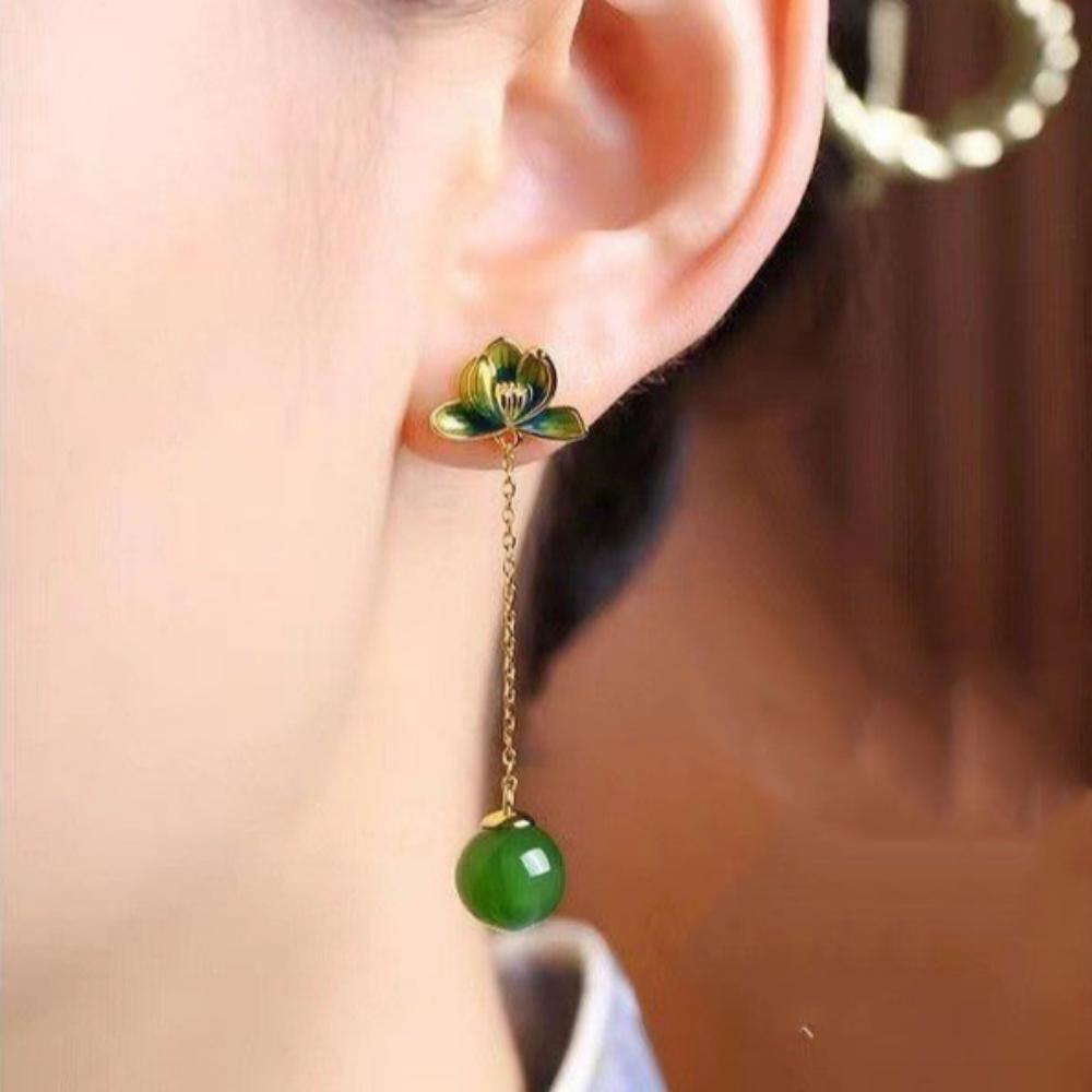 Jasper Lotus Heart New Chinese Style Women Earrings-4