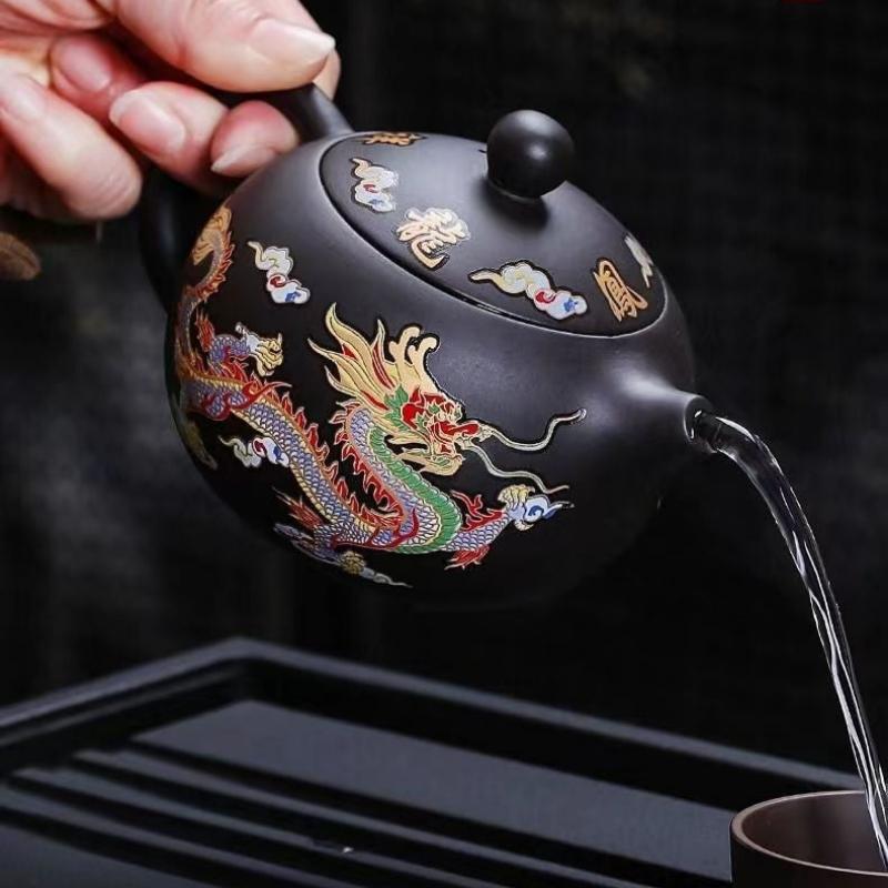 Kung Fu Tea Teapot - Dragon Phoenix Purple Clay Material | Color Change When Hot-3