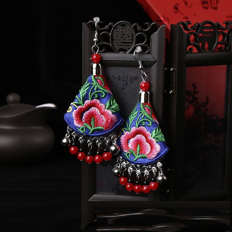 Minority Style Peony Flower Hand Embroidered Earrings-2