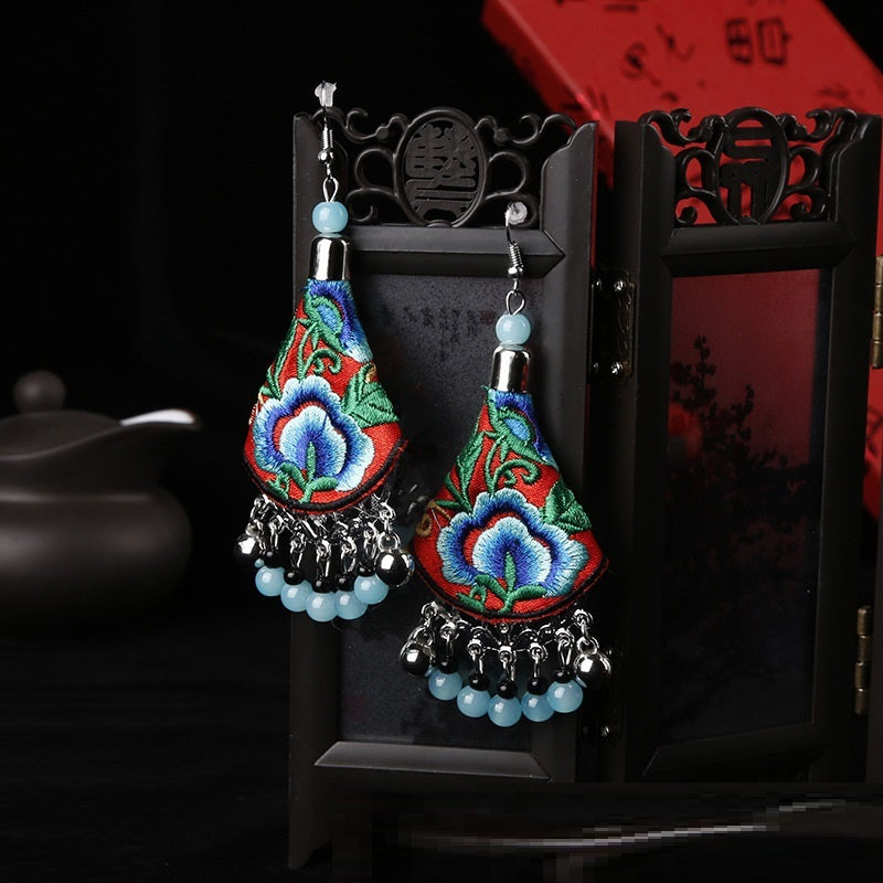 Minority Style Peony Flower Hand Embroidered Earrings-4