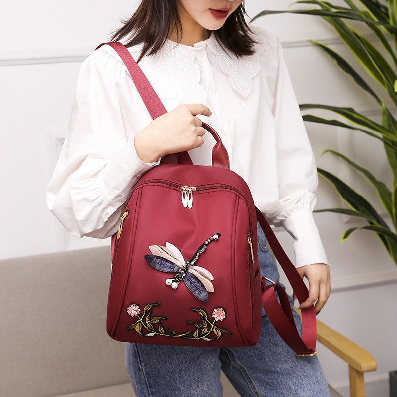 Multifunctional Oxford Cloth Fashion Dragonfly Embroidery Casual Bag-4