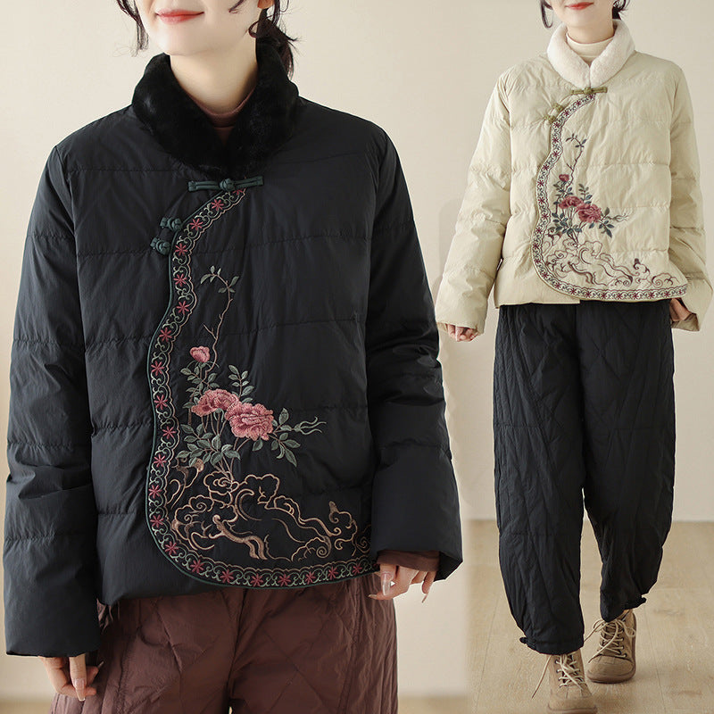 Retro Buttoned Women's Cotton Coat Tang Suit Winter Fur Collar Cotton Coat Ethnic Style New Chinese Embroidered Cotton Coat Ladies Top