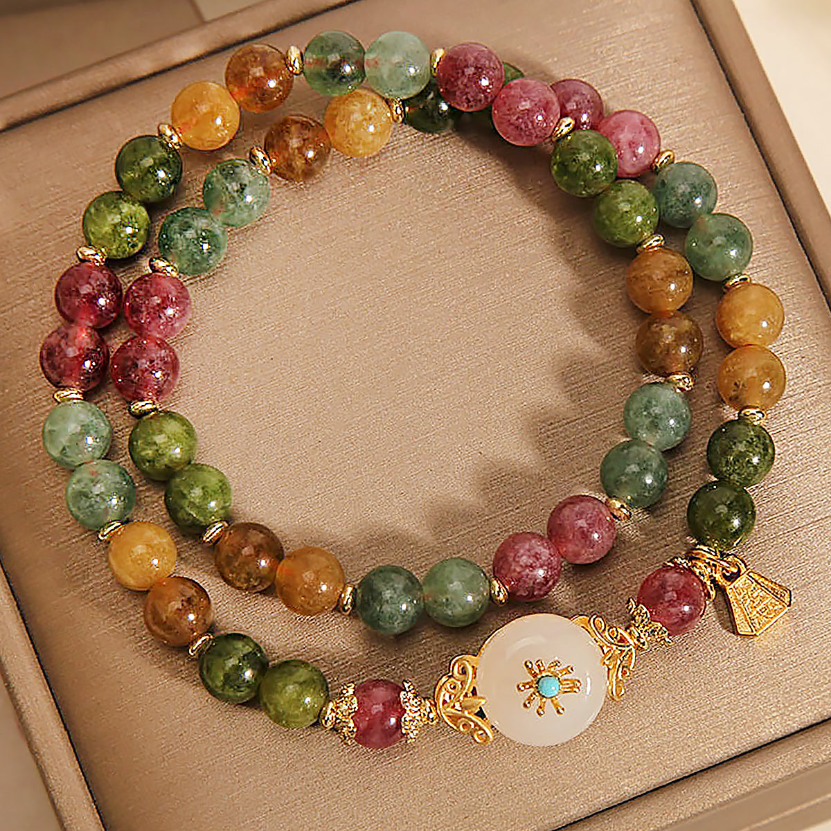 Natural Color Tourmaline Double Ring Bracelet with Jade Flower-4