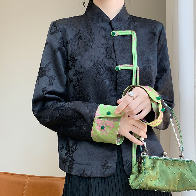 Frühling neuer Retro-Tang-Jacke Vielseitige farbblockierte Schnallenanzug Frauen High-End-Sinn für neue chinesische Stilmantel