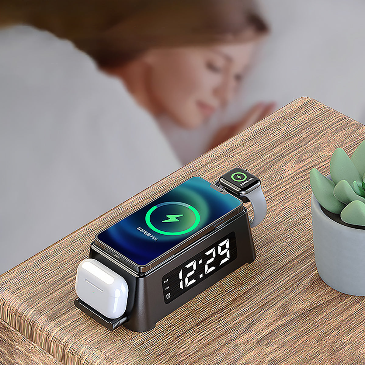 3-in-1 Wireless Charger with Alarm Clock for Phone, Watch & Earbuds-4