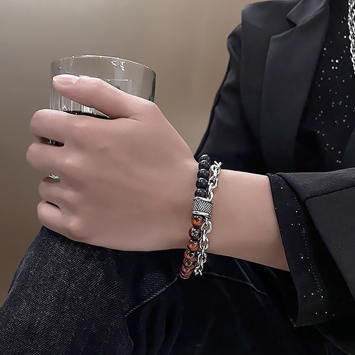 Men’s Titanium Steel Double Bracelet Natural Stone Beaded Chain-3