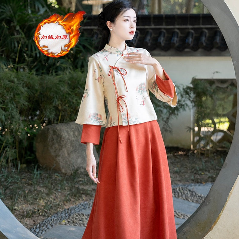 Frühlings- und Herbst neuer chinesischer Retro National Style Lady Print Deerskin Velvet Tang Kostüm geändert Hanfu Zen Teeanzug Set Set