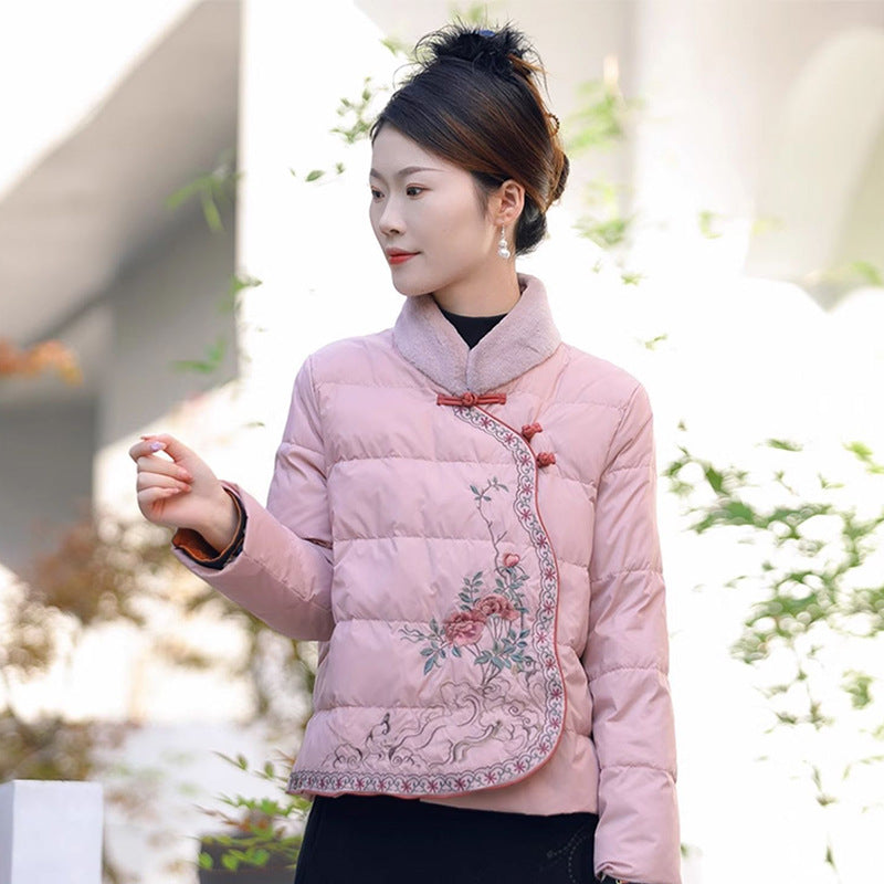 Retro Buttoned Women's Cotton Coat Tang Suit Winter Fur Collar Cotton Coat Ethnic Style New Chinese Embroidered Cotton Coat Ladies Top