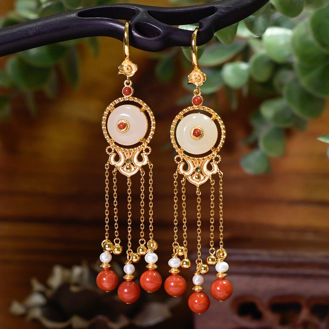 Ancient Style Long Tassel Hetian Jade Malachite Auspicious Cloud Earrings