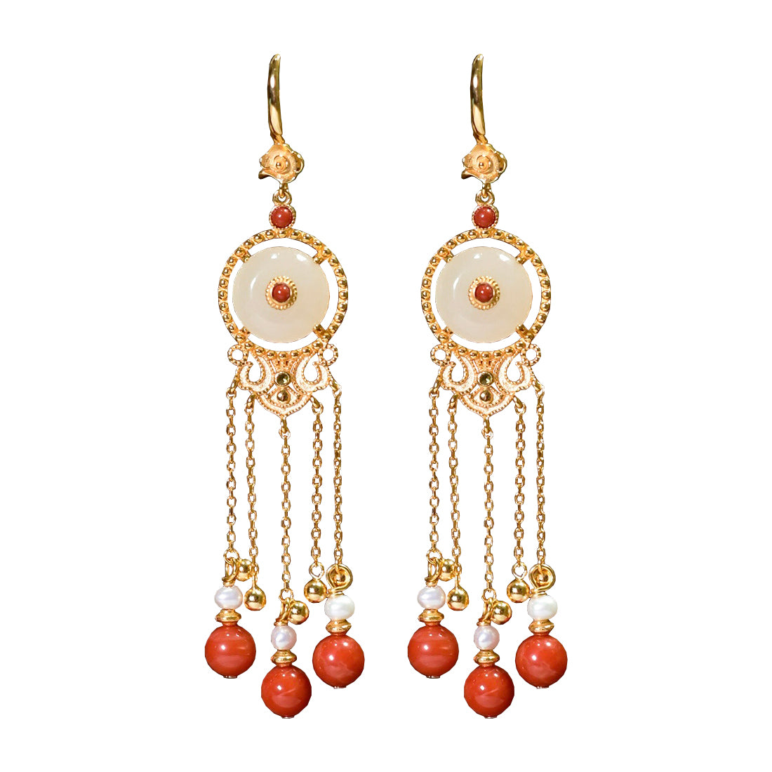 Ancient Style Long Tassel Hetian Jade Malachite Auspicious Cloud Earrings