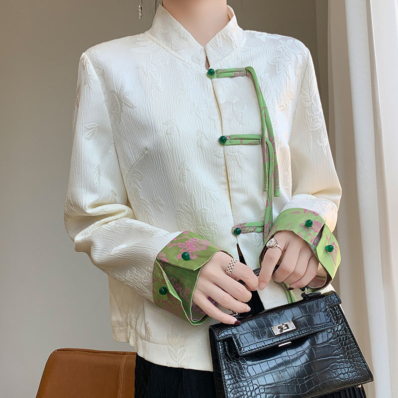 Frühling neuer Retro-Tang-Jacke Vielseitige farbblockierte Schnallenanzug Frauen High-End-Sinn für neue chinesische Stilmantel