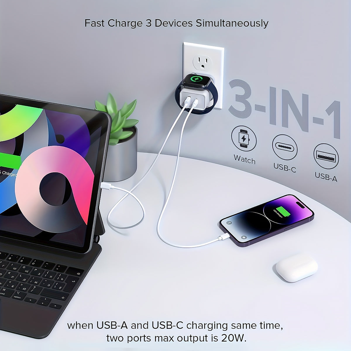 Magnetic Wireless Charger with A and C Ports for Apple Watch & Smartphones-3