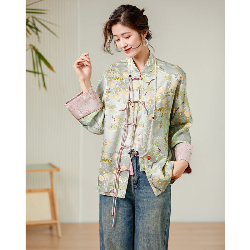 Neue chinesische Stil Ethnischer Stil 32 Momme Heavy Seidentife Frauen Herbst Tang Anzug Kleidung