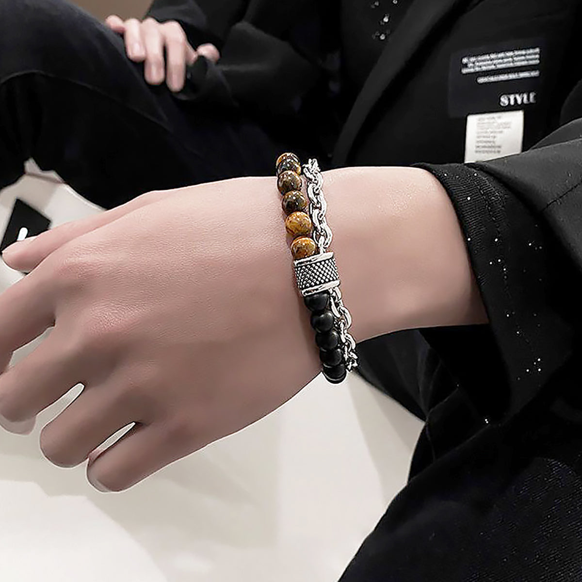 Men’s Titanium Steel Double Bracelet Natural Stone Beaded Chain-2