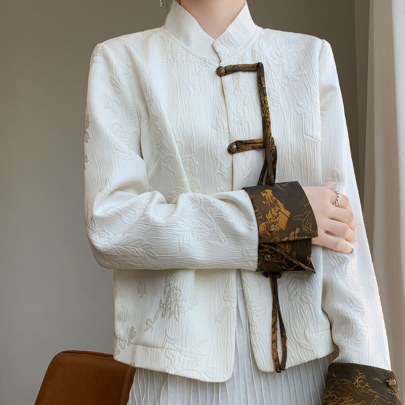 Frühling neuer Retro-Tang-Jacke Vielseitige farbblockierte Schnallenanzug Frauen High-End-Sinn für neue chinesische Stilmantel