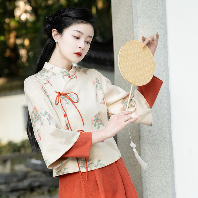 Frühlings- und Herbst neuer chinesischer Retro National Style Lady Print Deerskin Velvet Tang Kostüm geändert Hanfu Zen Teeanzug Set Set