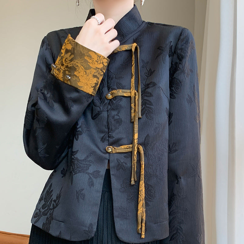 Frühling neuer Retro-Tang-Jacke Vielseitige farbblockierte Schnallenanzug Frauen High-End-Sinn für neue chinesische Stilmantel