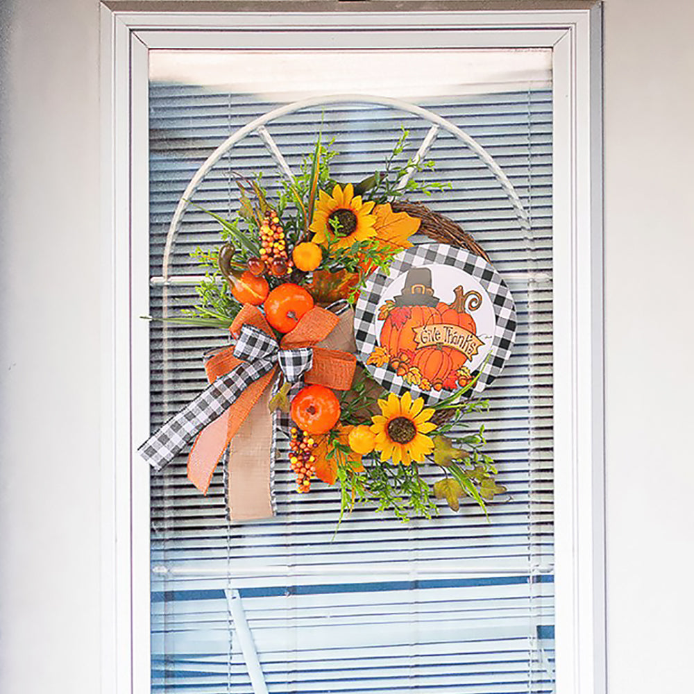 Thanksgiving Wooden Sign Decoration with Sunflower and Pumpkin Wreath-4