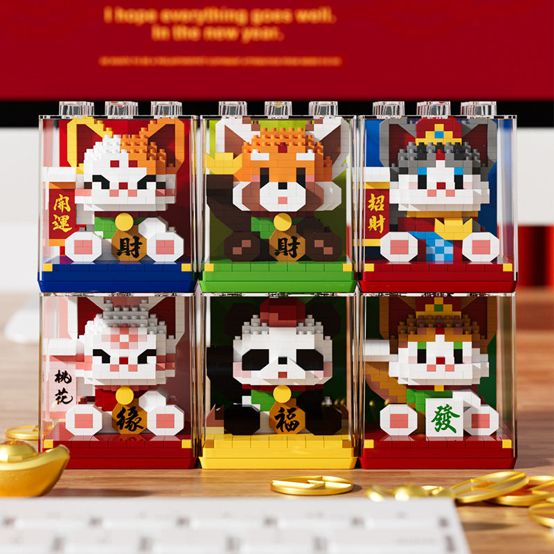 Lucky Cat Panda Neujahrsgeschenke Bausteine Versammlung Bildung Kinderspielzeug Kindergeschenkerlebnis kleine Ornamente